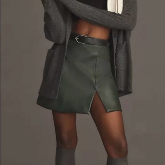Anthropologie Faux Leather Dark Green Mini Skirt - Picture 3 of 12